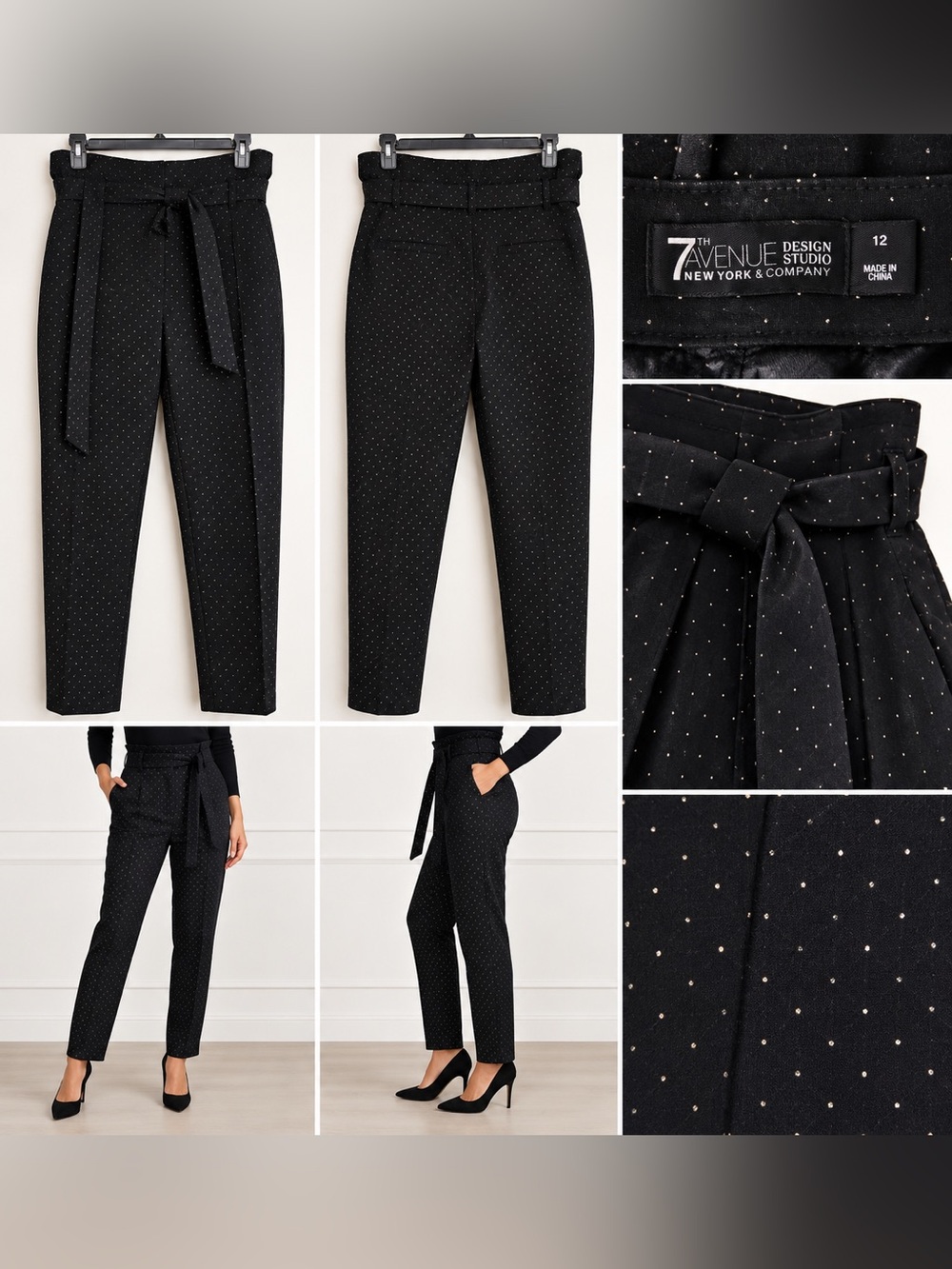 7th Avenue New York & Company Black Metallic Dot Tie-Waist Pants Size 12